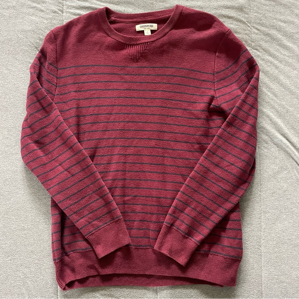 Goodthreads Men's‎ Maroon and Navy Striped Crewneck Sweater